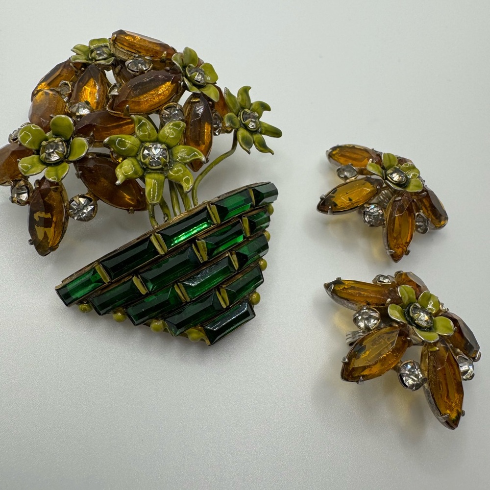Vintage Sandor Sterling Flower Basket Set Brooch Earrings